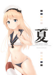 Rule 34 | 1girl, bikini, bikini bottom only, black bikini, black sailor collar, blonde hair, blue eyes, character name, chinese commentary, collarbone, color guide, commentary request, cowboy shot, driftkingtw, hat, jervis (kancolle), kantai collection, lifebuoy, looking at viewer, mismatched bikini, navel, sailor bikini, sailor collar, sailor hat, side-tie bikini bottom, simple background, solo, standing, swim ring, swimsuit, white background, white hat