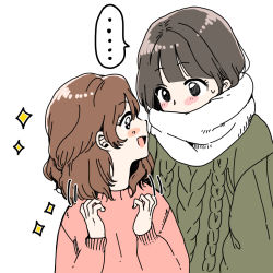 Rule 34 | ..., 2girls, bad id, bad pixiv id, black hair, blush, blush stickers, brown hair, covered mouth, height difference, highres, kaizen, medium hair, multiple girls, original, scarf, scarf over mouth, sketch, sparkle, sweatdrop, sweater