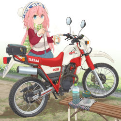 Rule 34 | 1girl, bench, blue eyes, blue skirt, bobblehat, bottle, closed mouth, commentary request, day, eating, food, fork, green scarf, highres, holding, holding food, holding fork, kagamihara nadeshiko, logo, long hair, long sleeves, looking at viewer, mikeran (mikelan), miniskirt, motor vehicle, motorcycle, outdoors, partial commentary, pink hair, pleated skirt, red shirt, scarf, shirt, skirt, smile, solo, standing, striped clothes, striped scarf, vest, water bottle, white background, white headwear, white vest, winter clothes, yamaha, yurucamp