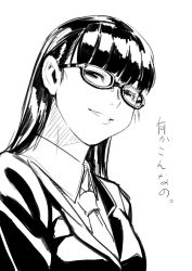 Rule 34 | 1girl, bad id, bad pixiv id, black hair, blunt bangs, face, glasses, greyscale, grin, long hair, monochrome, necktie, original, shiba itsuki, simple background, sketch, smile, solo, white background