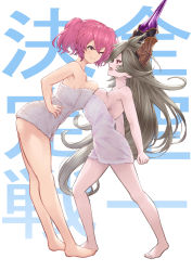 Rule 34 | 2girls, ;), text background, bare arms, bare legs, bare shoulders, barefoot, breast press, breasts, brown hair, character request, closed mouth, commentary request, fang, granblue fantasy, height difference, highres, horns, large breasts, long hair, mena (shingeki no bahamut), multiple girls, naked towel, one eye closed, pink hair, profile, red eyes, short hair, short twintails, sideboob, smile, standing, symmetrical docking, teriton, threo (granblue fantasy), towel, translation request, twintails, v-shaped eyebrows, very long hair, yellow eyes