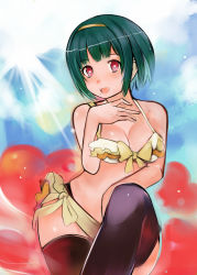 Rule 34 | 1girl, :d, bikini, black thighhighs, bow, breasts, cleavage, female focus, green hair, hairband, heart, heart-shaped pupils, idolmaster, idolmaster (classic), medium breasts, mole, mole under mouth, nerotarou, open mouth, otonashi kotori, outdoors, red eyes, short hair, sky, smile, solo, swimsuit, symbol-shaped pupils, thighhighs