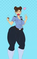 Rule 34 | 1girl, absurdres, alternate costume, capcom, chun-li, coffee, cup, double bun, doughnut, food, food in mouth, full body, hair bun, heart, highres, kikoshou, looking at viewer, police, police uniform, policewoman, solo, street fighter, street fighter v, thick thighs, thighs, uniform, v, wide hips, wink