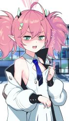 Rule 34 | 1girl, absurdres, bad id, bad pixiv id, blue archive, blue eyes, blurry, blurry background, breasts, commentary request, fingernails, hair between eyes, highres, jacket, looking at viewer, messy hair, momoka (blue archive), necktie, pink hair, pointy ears, school uniform, shaded face, sleeveless, small breasts, translation request, yani (nokori life1)
