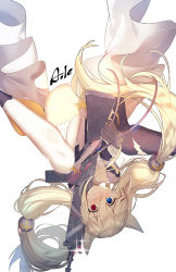 Rule 34 | 1girl, aile (crossroads), animal ears, artist name, ass, asymmetrical legwear, between legs, black thighhighs, blonde hair, blue eyes, blush, cat ears, feet out of frame, g41 (girls&#039; frontline), girls&#039; frontline, glint, gloves, h&amp;k g41, hair between eyes, hair ornament, hand between legs, heterochromia, long hair, looking at viewer, mismatched legwear, name connection, nose blush, hugging object, object namesake, panties, parted lips, red eyes, simple background, solo, thighhighs, twintails, underwear, upside-down, very long hair, wavy mouth, white background, white panties, white thighhighs