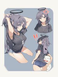 Rule 34 | !, !!, 1girl, arms behind head, b zhan cm yang, barefoot, blue archive, doodle sensei (blue archive), grey hair, halo, hand in own hair, kneeling, multiple views, sensei (blue archive), yuuka (blue archive), yuuka (track) (blue archive)