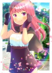 Rule 34 | 1girl, black cape, black gloves, black skirt, blush, breasts, cape, closed mouth, copyright request, gloves, hands up, kou hiyoyo, long hair, petals, pink hair, purple eyes, shirt, skirt, small breasts, smile, solo, strapless, strapless shirt, very long hair, white shirt
