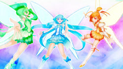 Rule 34 | 10s, 3girls, aoki reika, bike shorts, blue eyes, blue hair, blue skirt, boots, bow, butterfly wings, cure beauty, cure march, cure sunny, dress, green eyes, green hair, green shorts, green skirt, grin, hair tubes, hair wings, head wings, highres, hino akane (smile precure!), insect wings, k.sho, knee boots, long hair, magical girl, midorikawa nao, multiple girls, orange hair, orange skirt, outstretched hand, ponytail, precure, red eyes, red shorts, shorts, shorts under skirt, skirt, smile, smile precure!, tiara, tri tails, very long hair, wings