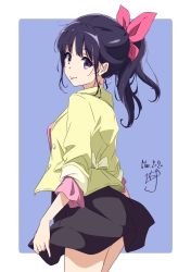 Rule 34 | 1girl, black hair, black skirt, blue background, border, casual, commentary request, cowboy shot, dated, highres, jacket, long hair, looking at viewer, nii manabu, original, pink shirt, ponytail, purple eyes, shirt, signature, skirt, solo, standing, tongue, tongue out, two-tone background, white border, yellow jacket