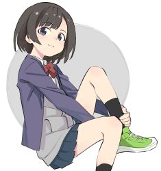 Rule 34 | 1girl, aki poi, black hair, black skirt, black socks, blazer, blue eyes, blush, bow, bowtie, closed mouth, collared shirt, commentary request, feet out of frame, green footwear, grey background, grey jacket, jacket, long sleeves, looking at viewer, open clothes, open jacket, original, pleated skirt, purple jacket, red bow, red bowtie, school uniform, shirt, shoes, short sleeves, skirt, smile, socks, solo, two-tone background, white background, white shirt