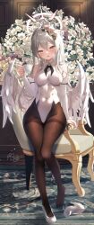 Rule 34 | 1girl, angel wings, black pantyhose, blue archive, blush, breasts, brown eyes, covered navel, cup, detached sleeves, feathered wings, flower, full body, hair flower, hair ornament, hato haru, highleg, highleg leotard, highres, holding, holding cup, large breasts, legs, leotard, long hair, looking at viewer, nagisa (blue archive), pantyhose, shoes, sitting, smile, solo, strapless, strapless leotard, teacup, thighband pantyhose, thighs, white footwear, white leotard, wings