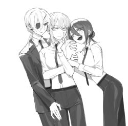 Rule 34 | 3girls, arm hug, black eyes, black necktie, black pants, black suit, blush, braid, braided ponytail, breasts, business suit, caress, chainsaw man, collared shirt, couple, expressionless, eyepatch, formal, greyscale, hair between eyes, hand on another&#039;s thigh, hand on own chin, high-waist pants, highres, light smile, long hair, looking at another, looking at viewer, makima (chainsaw man), medium breasts, medium hair, monochrome, multiple girls, necktie, office lady, pants, ponytail, quanxi (chainsaw man), reze (chainsaw man), ringed eyes, shirt, shirt tucked in, smile, suit, tsu (lovesick1964), white shirt, wife and wife and wife, yuri