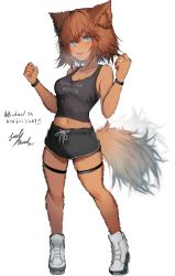 Rule 34 | 1girl, absurdres, animal ears, animal nose, black shorts, black wristband, blue eyes, blush, body fur, breasts, brown fur, brown hair, clothes writing, commission, dog ears, dog girl, dog tail, full body, furry, furry female, glint, hands up, highres, jewelry, looking at viewer, midriff, monster musume no iru nichijou, navel, open mouth, polt, ring, second-party source, shoes, short hair, shorts, signature, simple background, skeb commission, small breasts, solo, standing, tab head, tail, thigh strap, white background, white footwear