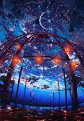 Rule 34 | abisswalker8, absurdres, branch, cloud, highres, lantern, no humans, original, paper lantern, perspective, planet, plant, railroad tracks, reflection, scenery, silhouette, sky, star (sky), starry sky, utility pole, water, water world