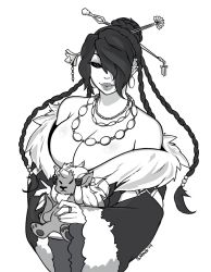 Rule 34 | 00s, 1girl, bare shoulders, braid, breasts, character doll, cleavage, dress, ear piercing, earrings, eyeshadow, final fantasy, final fantasy x, greyscale, hair bun, hair ornament, hair over one eye, hair stick, huge breasts, jewelry, kimahri ronso, lips, lipstick, lots of jewelry, low neckline, lulu (ff10), makeup, mole, mole under mouth, monochrome, necklace, off-shoulder dress, off shoulder, piercing, ring, saane, single hair bun, smile, solo, square enix, wide sleeves
