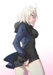 Rule 34 | 1girl, ahoge, ass, black dress, blue jacket, blush, breasts, cowboy shot, dress, dress tug, fate/apocrypha, fate/grand order, fate (series), fur-trimmed jacket, fur trim, highres, itohana, jacket, jeanne d&#039;arc (fate), jeanne d&#039;arc alter (fate), jeanne d&#039;arc alter (ver. shinjuku 1999) (fate), large breasts, looking at viewer, medium breasts, official alternate costume, open clothes, open jacket, short dress, short hair, silver hair, solo, sweatdrop, yellow eyes