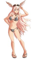 Rule 34 | 1girl, animal ears, bikini, blue eyes, breasts, choker, cross, cyzir visheen, flip-flops, goggles, goggles on head, hand on own hip, hanna-justina marseille, head wings, highres, hip focus, iron cross, large breasts, long hair, pink hair, salute, sandals, shiny skin, side-tie bikini bottom, solo, strap gap, strike witches, striped bikini, striped clothes, swimsuit, tail, toned, underboob, wings, world witches series