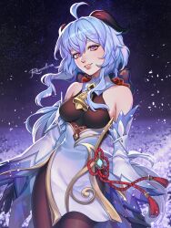 Rule 34 | 1girl, absurdres, artist name, bare shoulders, bell, black gloves, breasts, detached sleeves, english text, flower, ganyu (genshin impact), genshin impact, gloves, goat horns, hair between eyes, highres, horns, jewelry, long hair, looking at viewer, neck bell, open mouth, pantyhose, purple eyes, purple hair, rezoeline, sidelocks, signature, smile, solo