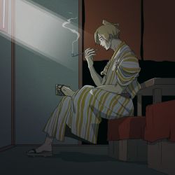 Rule 34 | 1boy, blonde hair, from side, indoors, japanese clothes, kiseru, light, male focus, obobkkp, one piece, smoking pipe, sandals, sanji (one piece), sitting, smoking, solo, swimsuit, topknot