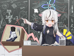 Rule 34 | 1girl, absurdres, animal ears, artist request, black dress, black hair, black jacket, blue archive, brown eyes, chair, chalk, chalkboard, china dress, chinese clothes, chinese commentary, chinese text, commentary request, dress, dsfr, grey hair, halo, highres, holding, holding chalk, jacket, kokona (blue archive), long hair, looking at viewer, multicolored hair, open mouth, simplified chinese text, sleeveless, sleeveless dress, solo, streaked hair, striped clothes, striped dress, striped jacket, tiger ears, tiger girl, translated, two-tone hair, upper body, vertical-striped clothes, vertical-striped jacket, very long hair
