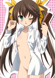 Rule 34 | 10s, 1girl, ;o, blush, bottomless, breasts, brown hair, checkered background, clenched hand, dress shirt, fingernails, green eyes, groin, hair brush, hair ribbon, high collar, highres, holding, huang lingyin, infinite stratos, isa (ni-iro), long fingernails, long hair, long sleeves, looking at viewer, naked shirt, navel, no bra, one eye closed, open clothes, open shirt, outline, ribbon, shirt, small breasts, solo, standing, twintails, very long hair, white shirt