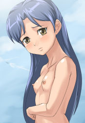 Rule 34 | 00s, 1girl, 72, aircraft, airplane, arm around waist, armpits, baanin, bare shoulders, blue hair, blue sky, blush, breasts, closed mouth, unworn clothes, cloud, cloudy sky, collarbone, day, embarrassed, female focus, flat chest, head tilt, idolmaster, idolmaster (classic), idolmaster 1, kisaragi chihaya, long hair, looking at viewer, namco, neck, nipples, no bra, nude, outdoors, shiny skin, sky, small breasts, solo, topfreedom, topless, topless frame, upper body, yellow eyes