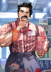 Rule 34 | 1boy, apron, arm hair, black hair, blurry, blurry background, breast pocket, buttons, character print, closed mouth, commentary request, creatures (company), facial hair, game freak, gen 1 pokemon, gen 4 pokemon, hand on own chin, hand up, highres, holding, jigglypuff, lanyard, male focus, mustache, nintendo, orange eyes, otsudou, pink shirt, pocket, pokemon, pokemon sv, rotom, rotom phone, saguaro (pokemon), shirt, short hair, sleeves rolled up, stroking own chin, suspenders, thinking, waist apron