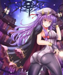 Rule 34 | 1girl, ass, black pantyhose, blush, book, bracelet, breasts, cape, crescent, fingerless gloves, gloves, hat, jewelry, large breasts, leotard, library, long hair, open mouth, pantyhose, patchouli knowledge, purple eyes, purple hair, shiny clothes, shiny skin, solo, sumapan, touhou