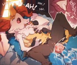 Rule 34 | 1boy, 1girl, animal penis, artist name, black fur, blue fur, body fur, braixen, butterchalk, closed eyes, commentary, completely nude, creatures (company), cum, ejaculation, furry, furry male, furry with furry, game freak, gen 4 pokemon, gen 6 pokemon, hetero, internal cumshot, knotted penis, lucario, moaning, nintendo, nude, open mouth, penis, pokemon, saliva, sex, stomach bulge, tears, testicles, uncensored, vaginal, white fur