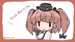 Rule 34 | 1girl, :&lt;, anchor hair ornament, atlanta (kancolle), blush, border, breasts, brown border, brown hair, chibi, closed mouth, earrings, english text, garrison cap, gloves, hair ornament, hat, headgear, jewelry, kantai collection, long hair, partially fingerless gloves, poipoi purin, single earring, solo, star (symbol), star earrings, twintails, twitter username, two side up, upper body