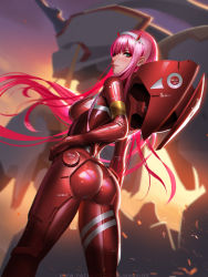 Rule 34 | 10s, 1girl, aqua eyes, arched back, ass, bodysuit, breasts, darling in the franxx, day, hairband, hand on own hip, horns, humanoid robot, liang xing, looking at viewer, mecha, medium breasts, pink hair, red bodysuit, red horns, robot, single horn, skin tight, sky, smile, solo, standing, strelizia, sun, white hairband, zero two (darling in the franxx)