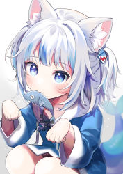 Rule 34 | 1girl, absurdres, animal ear fluff, animal ears, blue eyes, blue hair, blush, cat ears, cat girl, fins, fish, fish in mouth, fish tail, food in mouth, gawr gura, hair ornament, hairpin, highres, hololive, hololive english, long sleeves, looking at viewer, multicolored hair, paw pose, shark tail, shinomiya shino (sinosino141), short twintails, sitting, solo, tail, twintails, virtual youtuber, white background, white hair