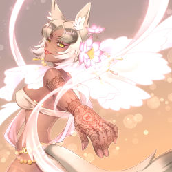 Rule 34 | 1girl, animal ear fluff, animal ears, arm tattoo, back, bandeau, breasts, dancer, dancing, dark-skinned female, dark skin, facial mark, fingernails, flower, forehead mark, from side, hair flower, hair ornament, hand tattoo, harem outfit, indian wolf (kemono friends), japari symbol, jewelry, kemono friends, light smile, lips, looking at viewer, medium hair, multicolored hair, nail polish, necklace, nekoga atsushimaru, outstretched arm, parted lips, pink nails, shawl, skindentation, slit pupils, solo, tail, tattoo, wolf ears, wolf girl, wolf tail, yellow eyes
