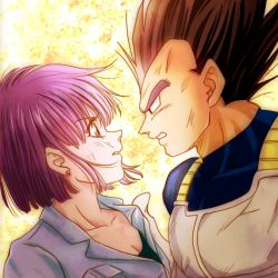 Rule 34 | 1boy, 1girl, armor, black eyes, black hair, bulma, close-up, dirty, dirty face, dragon ball, dragonball z, earrings, expressionless, eye contact, floating hair, frown, gradient background, jewelry, looking at another, profile, purple eyes, purple hair, sepia background, short hair, simple background, spiked hair, upper body, vegeta, white background, yellow background