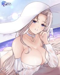 Rule 34 | 1girl, :d, absurdres, azur lane, beach, bikini, blue eyes, breasts, choker, copyright name, cross, cross choker, hat, highres, large breasts, logo, long hair, long sleeves, looking at viewer, lying, official alternate costume, official art, on stomach, open mouth, parted bangs, pumpkinpaii, see-through, see-through sleeves, smile, solo, sun hat, swimsuit, white hair, yorktown (azur lane), yorktown ii (azur lane), yorktown ii (bright-sky mermaid) (azur lane)