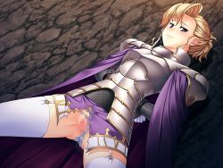 Rule 34 | 1girl, armor, arms behind back, blonde hair, blush, bunny black, cape, censored, clothing aside, game cg, legs, panties, panties aside, purple eyes, pussy, sasaki tamaru, solo, standing, thighhighs, thighs, torn clothes, underwear, white thighhighs