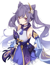 Rule 34 | 1girl, absurdres, armpits, bare shoulders, breasts, chinese clothes, eyebrows hidden by hair, flower, genshin impact, hair between eyes, hair flower, hair ornament, hairclip, highres, jewelry, keqing (genshin impact), long hair, looking at viewer, necklace, purple eyes, purple hair, shixuexiao, simple background, skirt, solo, twintails, white background
