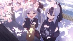 Rule 34 | 2girls, absurdres, animal, black hair, black jacket, black scrunchie, blue archive, blush, cat, cherry blossoms, closed mouth, day, grey hair, grey halo, hair between eyes, hair ornament, hair scrunchie, halo, highres, hood, hood down, hooded jacket, jacket, kayoko (blue archive), long hair, long sleeves, multicolored hair, multiple girls, mutsuki (blue archive), open mouth, outdoors, ponytail, rahy, red eyes, red halo, red skirt, scrunchie, short sleeves, side ponytail, skirt, smile