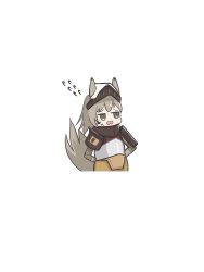 Rule 34 | 1girl, absurdres, animal ears, arknights, armor, arms up, ashlock (arknights), beryll, chibi, commentary request, ears through headwear, flying sweatdrops, grey eyes, grey hair, hat, highres, medium hair, open mouth, simple background, solo, tail, white background