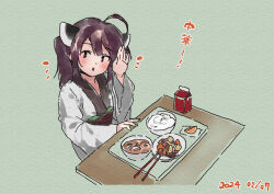 Rule 34 | 1girl, :o, ahoge, blush, bowl, brown eyes, brown hair, chopsticks, dated, food, food request, green background, hair between eyes, hand up, headgear, japanese clothes, kimono, lamb (hitsujiniku), long sleeves, looking at viewer, notice lines, obi, parted lips, rice, rice bowl, sash, simple background, solo, table, touhoku kiritan, translation request, twintails, voiceroid, white kimono, wide sleeves