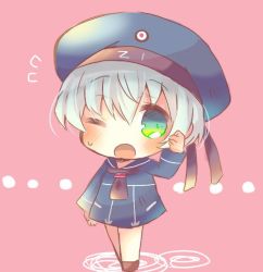Rule 34 | 10s, 1girl, black neckerchief, blue eyes, blue hat, chibi, clothes writing, dress, full body, hat, kantai collection, kou hiyoyo, neckerchief, one eye closed, pink background, sailor dress, sailor hat, short hair, silver hair, simple background, solo, standing, z1 leberecht maass (kancolle)