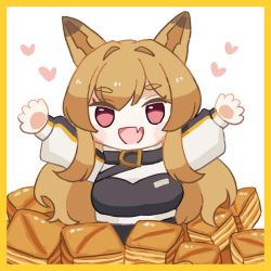 Rule 34 | 1girl, :d, animal ears, arknights, belt, border, brown hair, ceobe (arknights), dog ears, dog girl, eyelashes, fang, food, hair between eyes, hands up, happy, heart, long hair, long sleeves, open mouth, skin fang, smile, solo, someyaya, thick eyebrows, upper body, white background, yellow border