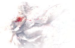 Rule 34 | 1girl, blindfold, c.c.r (ccrgaoooo), dress, hand on own chest, highres, open mouth, original, petals, pixelated, solo, white background, white dress, white hair