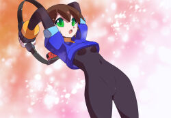 Rule 34 | 1girl, aile (mega man zx), armor, arms behind head, black bodysuit, blue jacket, bodysuit, bodysuit under clothes, bottomless, brown hair, commentary request, covered navel, cropped jacket, green eyes, jacket, joy-con, kaidou zx, mega man (series), mega man zx, ring fit adventure, robot ears, short hair, solo, sweat, variant set