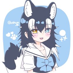 Rule 34 | 1girl, animal ears, black hair, blue background, blue eyes, cthun n, extra ears, fang, grey wolf (kemono friends), highres, kemono friends, long hair, looking at viewer, multicolored hair, sailor collar, school uniform, simple background, solo, tail, two-tone hair, upper body, white hair, wolf ears, wolf girl, wolf tail, yellow eyes