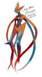 Rule 34 | absurdres, apios, black sclera, character name, chest jewel, colored sclera, creatures (company), deoxys, deoxys (attack), english text, floating, full body, game freak, gen 3 pokemon, highres, looking up, mythical pokemon, nintendo, no mouth, pokedex number, pokemon, pokemon (creature), simple background, solo, spikes, white background, white eyes