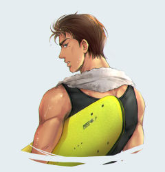 Rule 34 | 1boy, biceps, black eyes, black tank top, brown hair, cropped torso, dripping, from behind, grey background, holding, holding surfboard, looking at viewer, looking back, maki shin&#039;ichi, male focus, mole, mole under eye, moonjjj, muscular, muscular male, parted lips, short hair, simple background, slam dunk (series), solo, surfboard, tan, tank top, towel, towel around neck, upper body, wet, wet hair, white towel