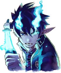 Rule 34 | 1boy, angry, ao no exorcist, blouse, blue theme, collared shirt, fire, fire, flaming sword, flaming weapon, glowing, hair between eyes, heterochromia, holding, holding sword, holding weapon, katana, kazue kato, official art, okumura rin, pointy ears, sheath, shirt, solo, spiked hair, sword, unsheathing, weapon, white background, white shirt