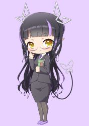 Rule 34 | 1girl, nanashi inc., absurdres, adjusting eyewear, alternate costume, bespectacled, black hair, black jacket, black pantyhose, black skirt, blazer, blunt bangs, blush, book, boots, breasts, chibi, closed mouth, collared shirt, commentary request, demon girl, demon horns, demon tail, full body, glasses, highres, holding, holding book, horns, jacket, kojo anna, long hair, long sleeves, looking at viewer, medium breasts, multicolored hair, necktie, office lady, pantyhose, pencil skirt, pince-nez, pointy ears, purple footwear, purple hair, purple necktie, robou no stone, shirt, simple background, skirt, smile, solo, standing, sugar lyric, tail, two-tone hair, virtual youtuber, white shirt, yellow eyes