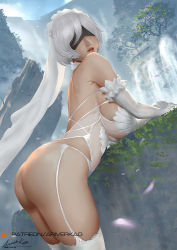 Rule 34 | 1girl, ariverkao, ass, bent over, blindfold, breasts, dated, day, dutch angle, elbow gloves, garter belt, gloves, large breasts, lips, nier (series), nier:automata, outdoors, ruins, short hair, signature, solo, thighhighs, underwear, veil, white gloves, white hair, white thighhighs, 2b (nier:automata)